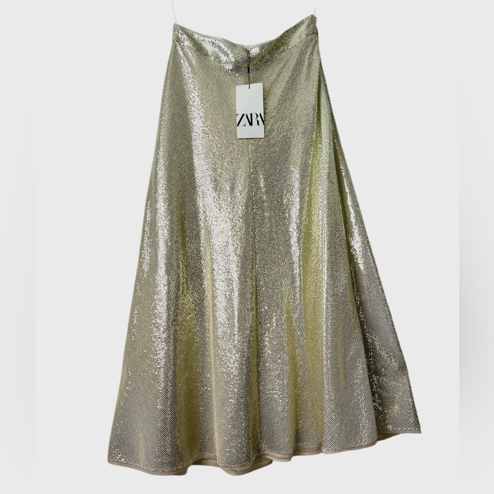 ZARA Silver Gold Metallic Small Sequins Midi Skater Skirt BNWT
